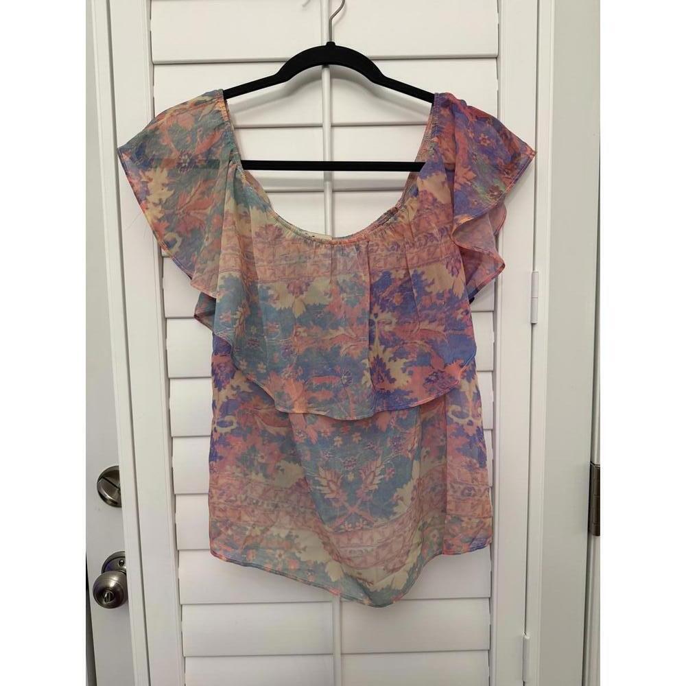 Show‎ Me Your Mumu Chiquita Multicolor Watercolor Sheer Flowy Off Shoulder Top